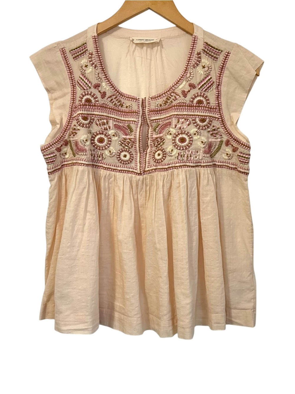 Lucky Brand Womens Embroidered Top Sz Small Cream Cap Sleeve Peasant Boho